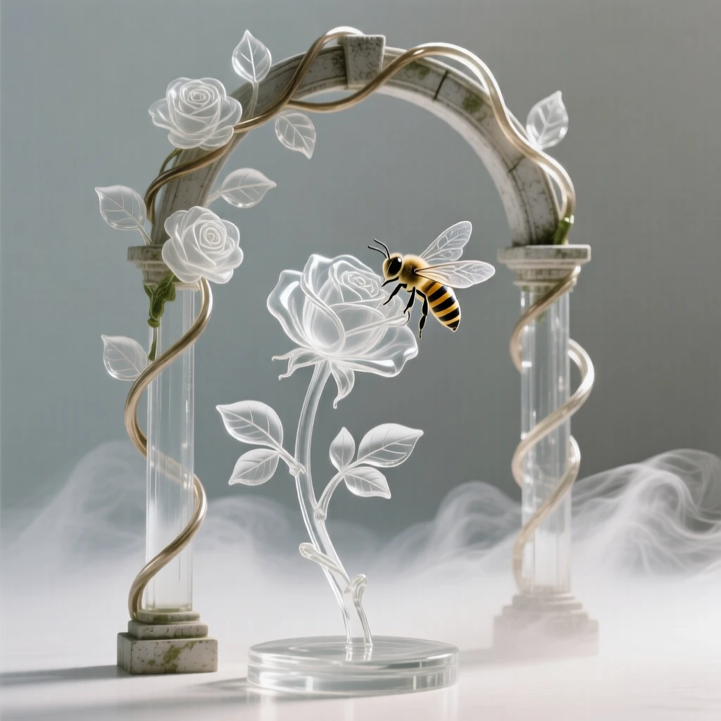 A rose vine climbing over an old garden archway with mist rising gently from the surrounding ground, while a bee lands softly on the nearest bloom