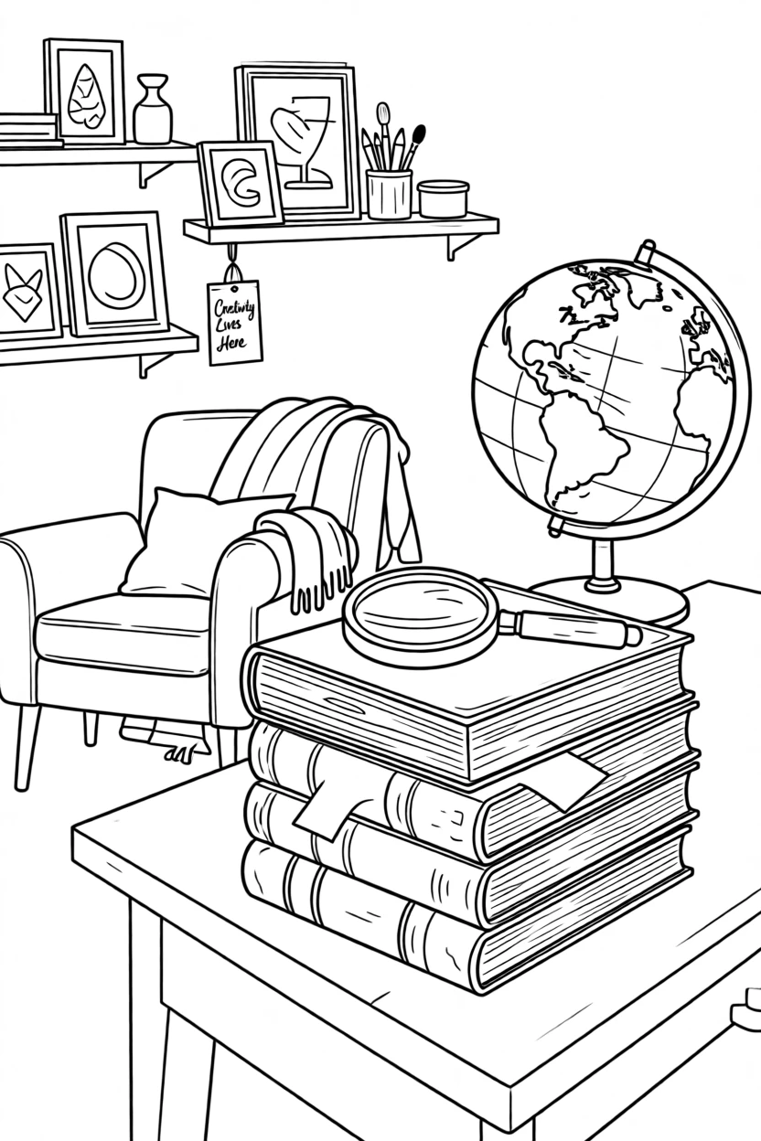 A stack of old books beside a magnifying glass and a globe, with finished pieces displayed on nearby shelves.