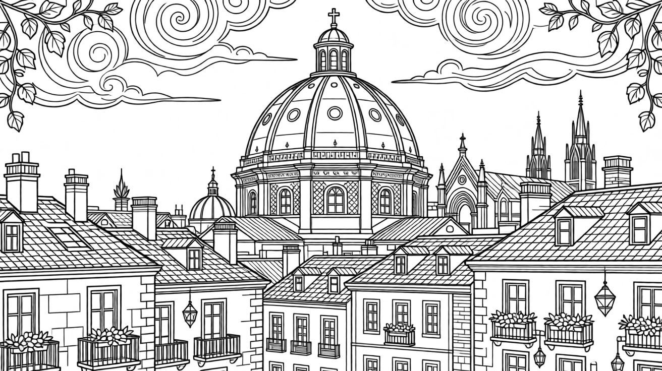 Rooftops clustered around the dome of a grand basilica.