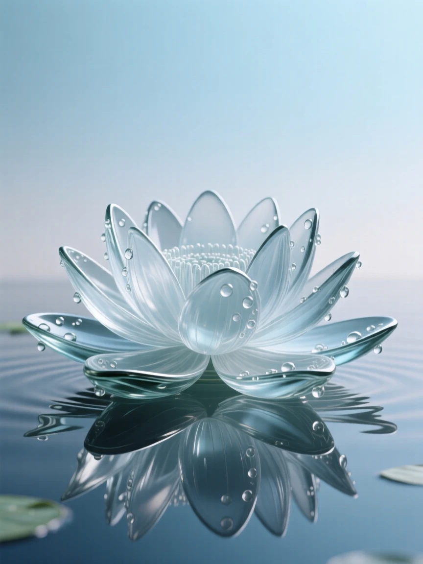 A giant water lily floating on the surface of a still pond, with dew still clinging to every petal