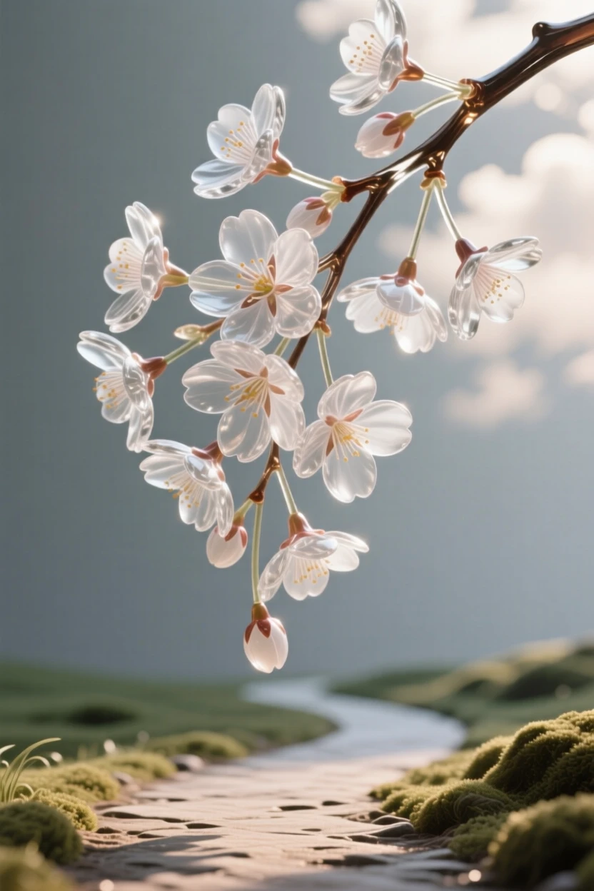 A cluster of cherry blossoms hanging low over a quiet path while sunlight breaks briefly through passing clouds