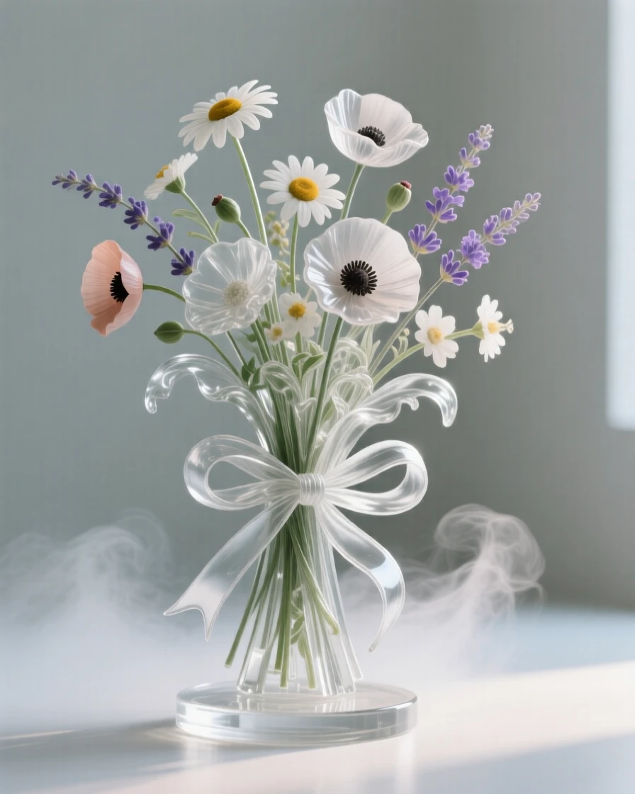 With mist rising gently from the surrounding ground, a bouquet of wildflowers tied loosely with a length of ribbon
