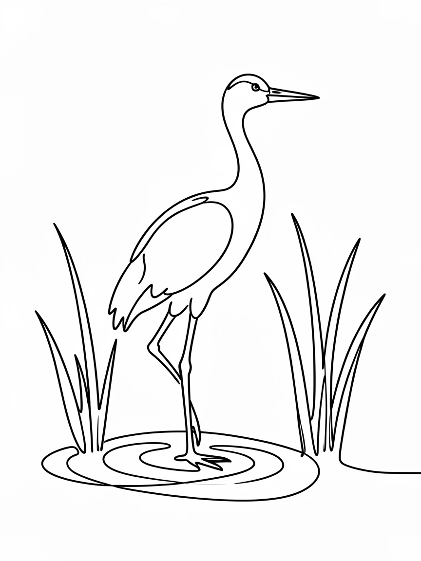 A crane standing on one leg in a quiet wetland marsh