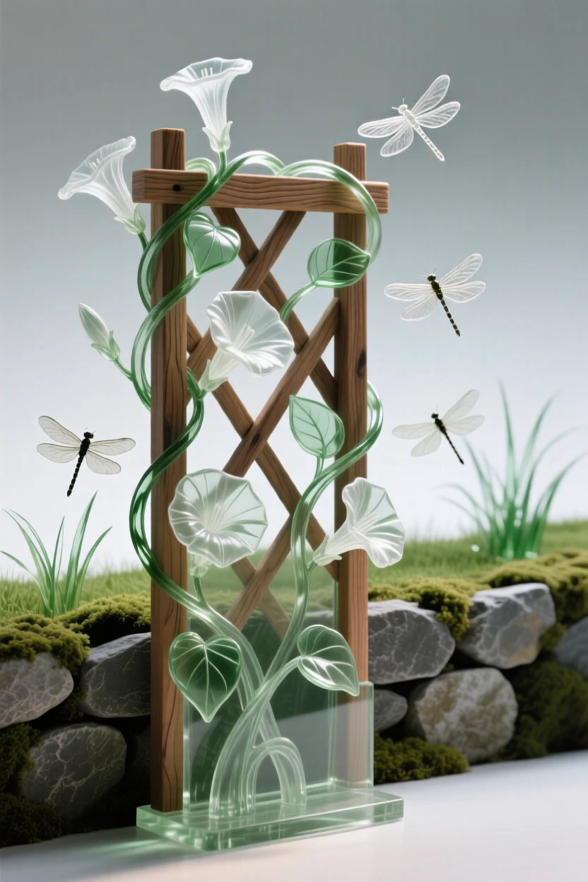 A vine of morning glories winding around a wooden trellis beside a low stone wall covered in moss, while dragonflies hover just above the surrounding grass