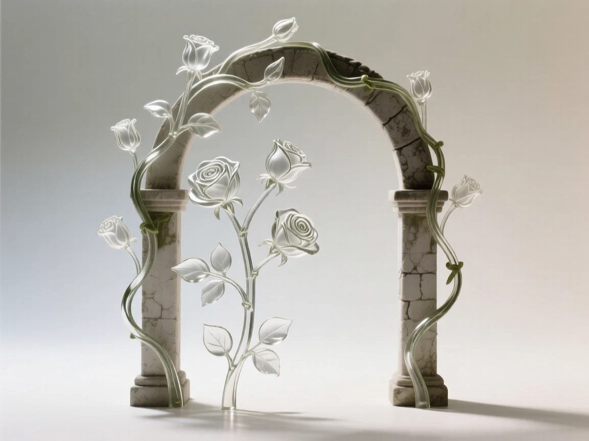 A rose vine climbing over an old garden archway with distant hills rolling into the horizon, while the fragrance of blossoms fills the still air
