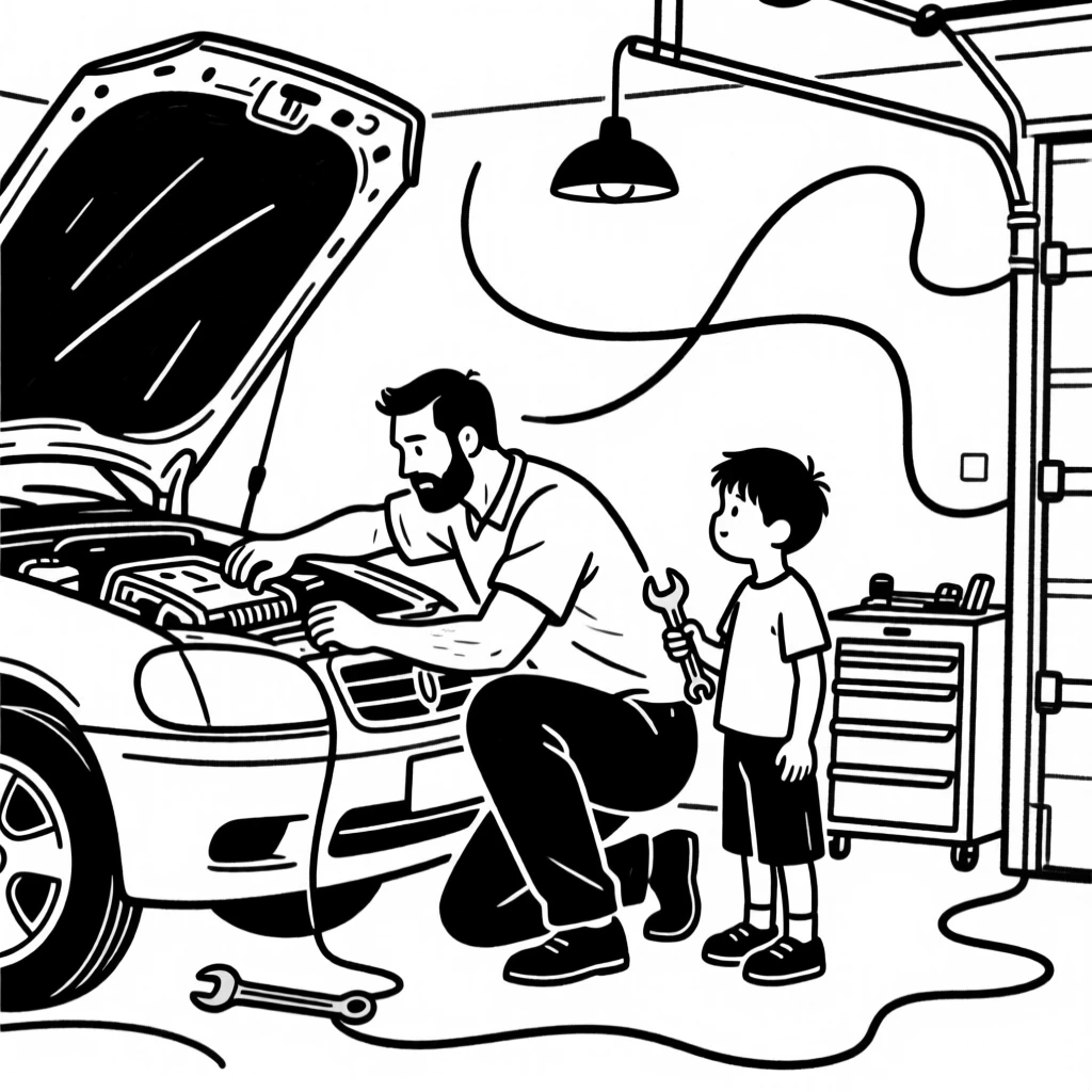 A father and son fixing a car together in a home garage.