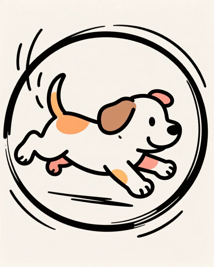 A round cartoon puppy chasing its own tail in a circle.