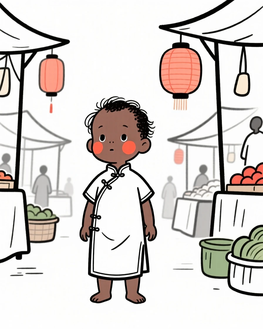 A toddler of Kenyan heritage wearing a Chinese qipao, full of curious wonder, in a bustling city market.