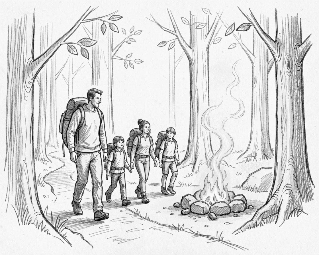 A heartwarming family moment: a family hiking together on a forest trail around a crackling fireplace, brimming with heartfelt love.