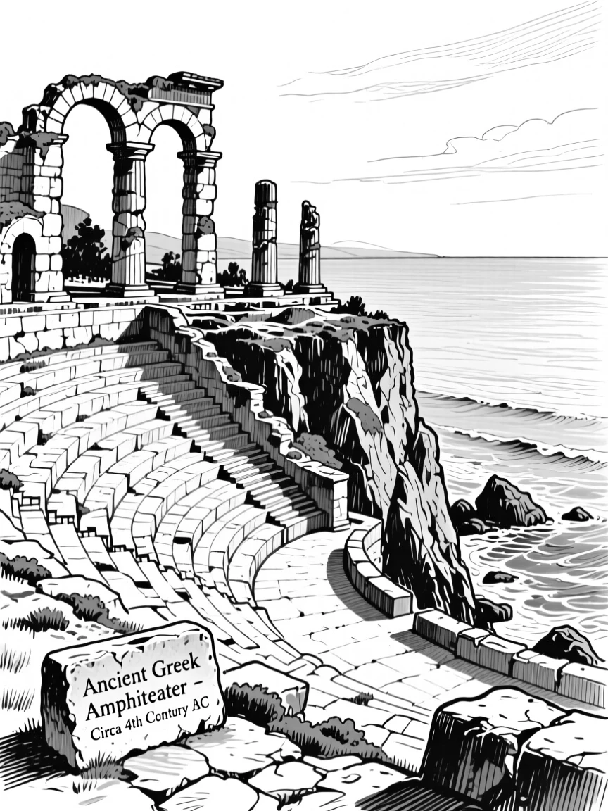 The historic ruins of an ancient Greek amphitheater overlooking the sea.