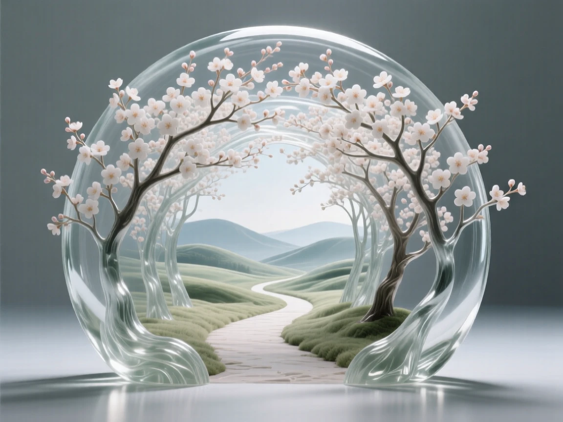With distant hills rolling into the horizon, a canopy of blossoming trees forming a tunnel over a path