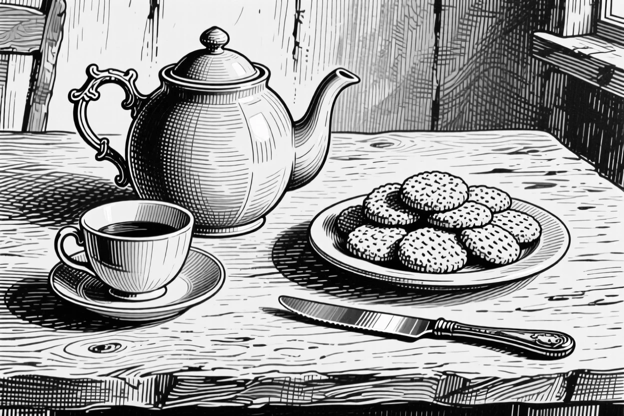 A tea set with a plate of biscuits set on a farmhouse table, with a knife resting beside it, presented in a richly appetizing culinary still life.