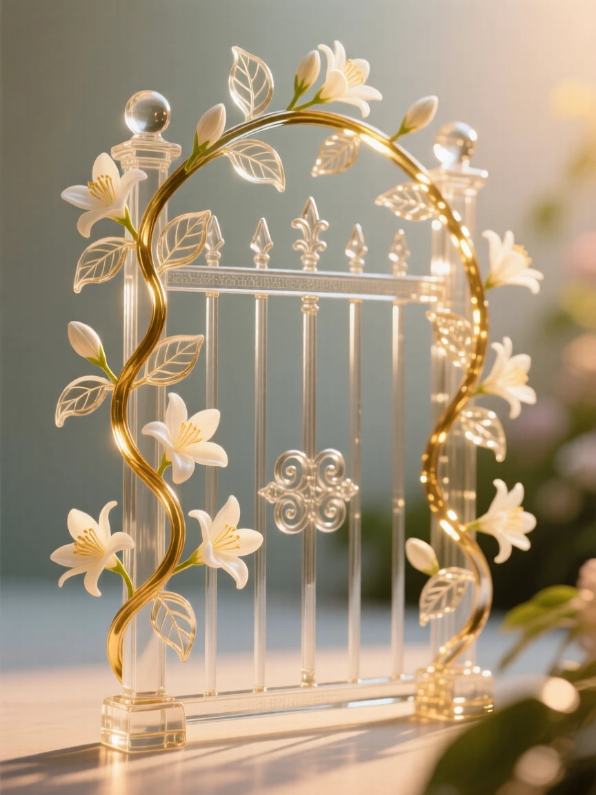 A jasmine vine wrapped delicately around a garden gate as golden hour light spills across the field