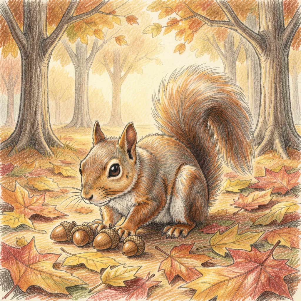 A squirrel gathering acorns in a golden autumn park, bathed in the warm glow of golden-hour light, evoking warmth, beauty, and a lasting sense of wonder.