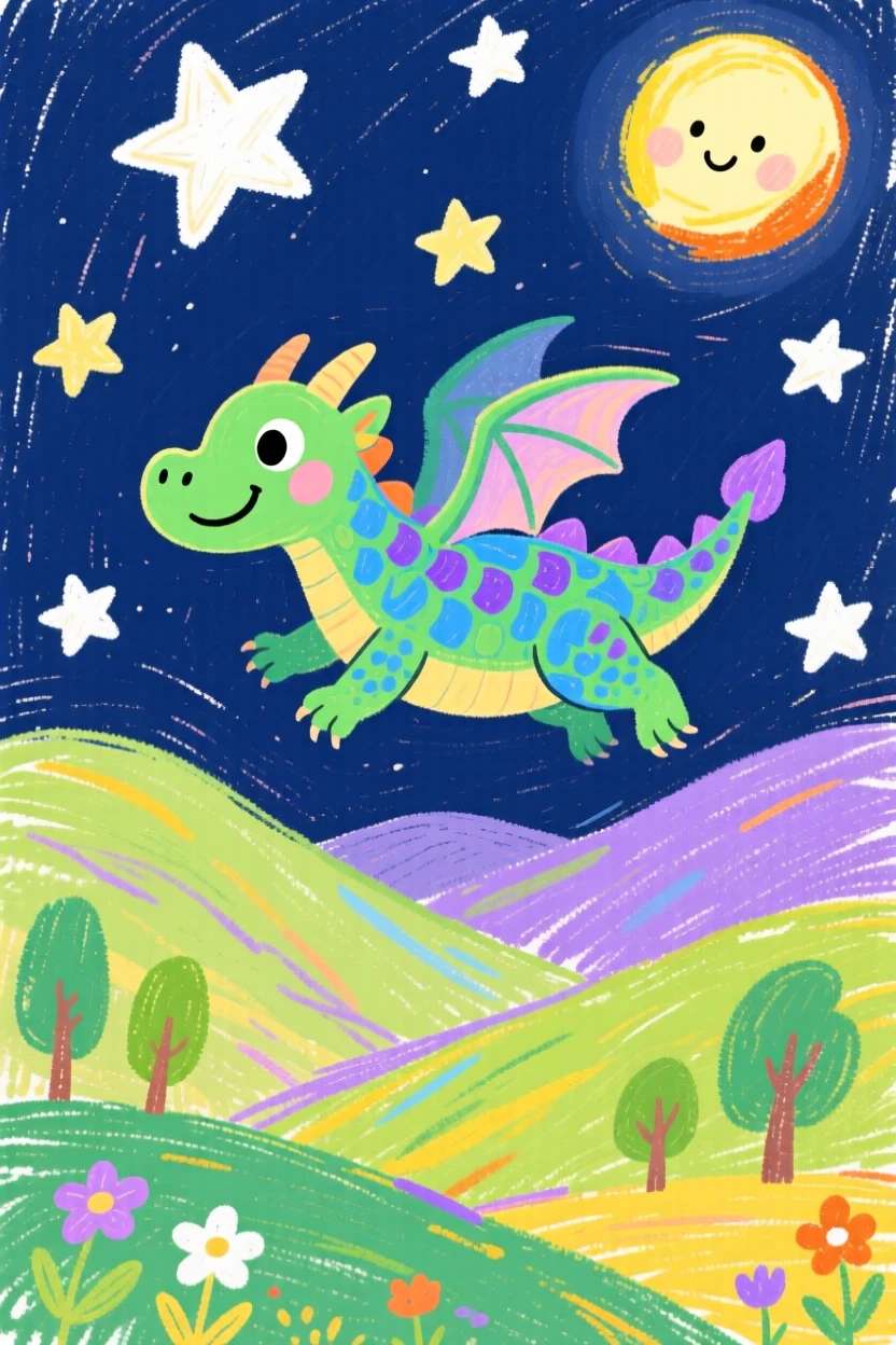 A young dragon gliding above a valley bathed in starlight.