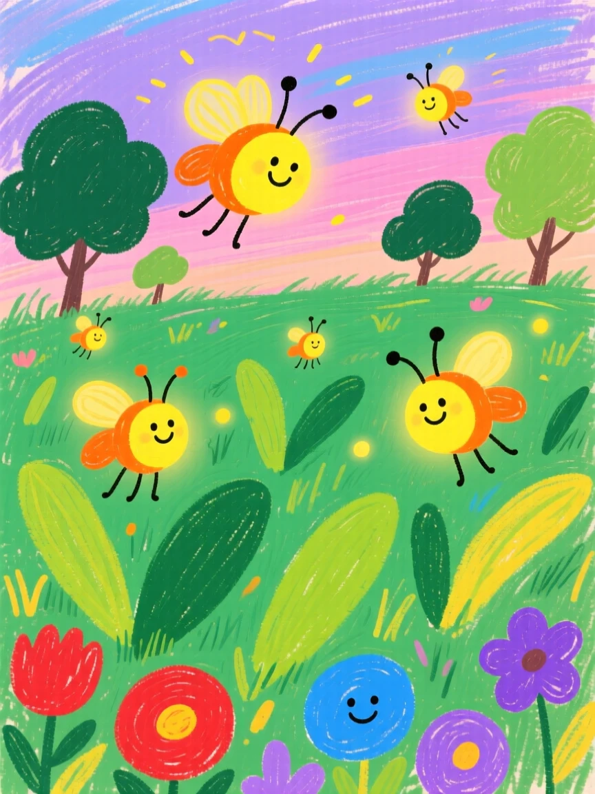 A meadow filled with fireflies at dusk.