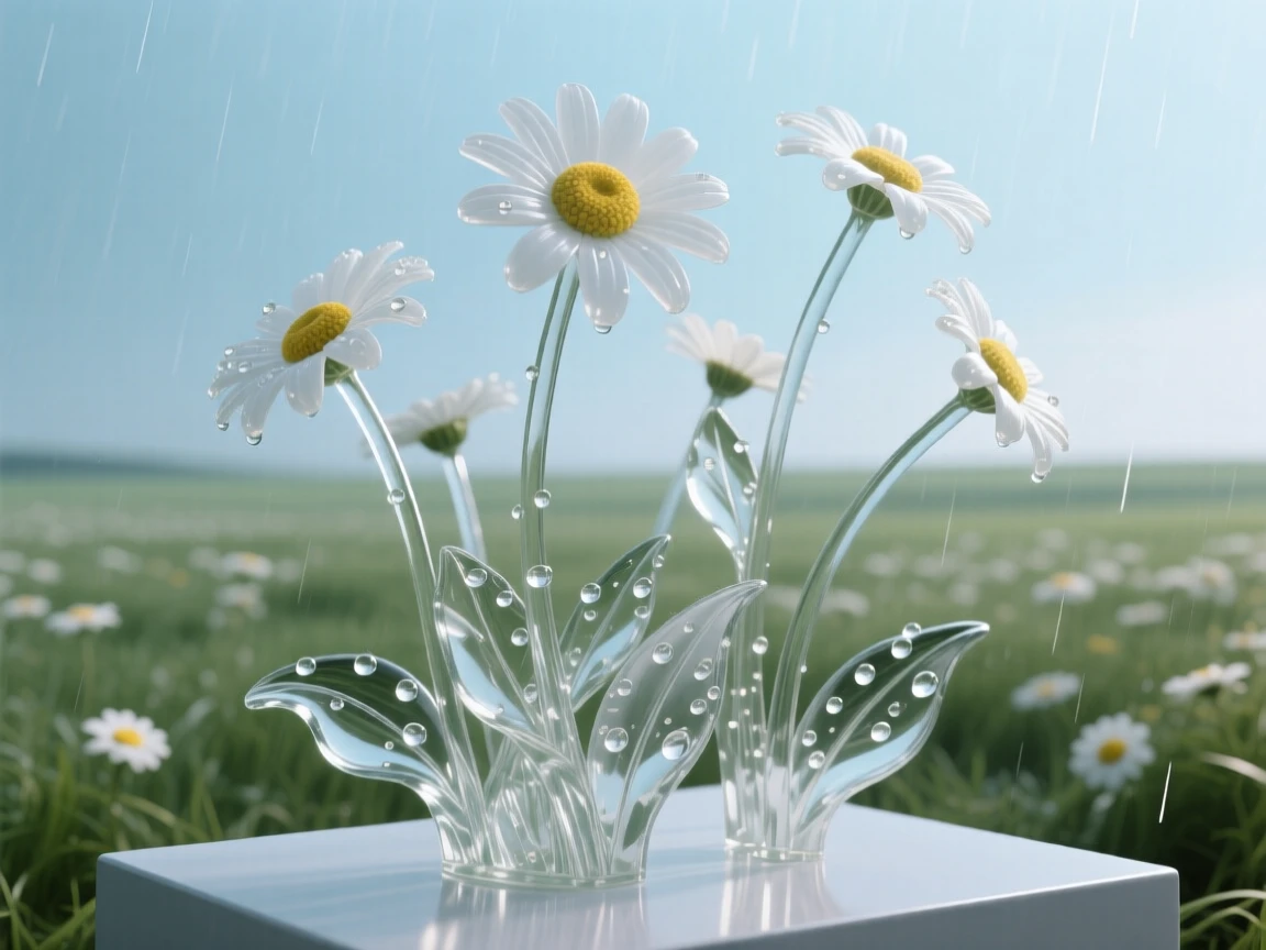 A meadow of wild daisies stretching to the horizon while a light rain begins to fall across the garden