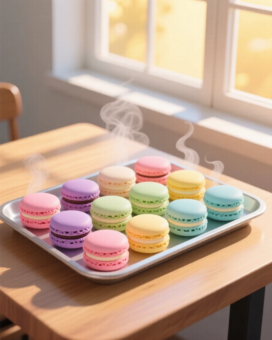 A tray of colorful macarons arranged in neat rows, placed near a window with warm afternoon light, composed with steam rising for a warm, inviting feel, with a joyful, celebratory feel.