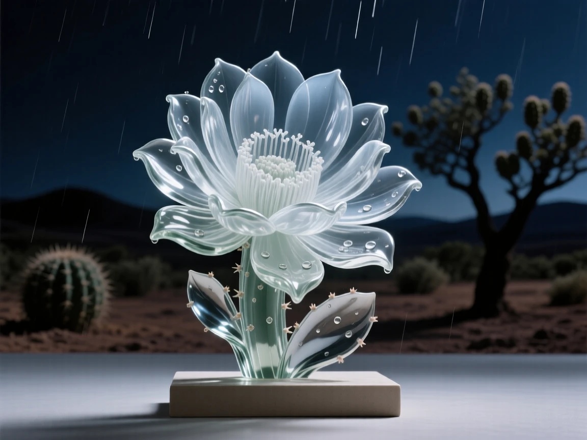 A cactus flower blooming once under a desert night sky beneath the shade of a nearby orchard, while a light rain begins to fall across the garden