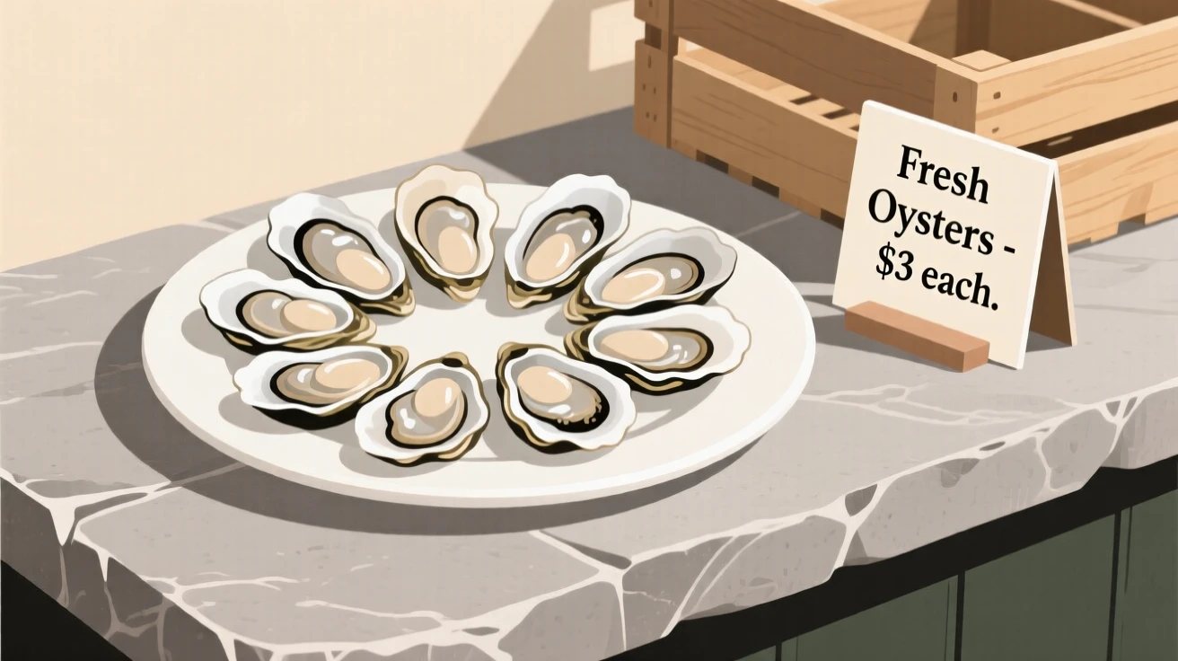 A plate of fresh oysters beautifully displayed on a stone counter at a farmers market.