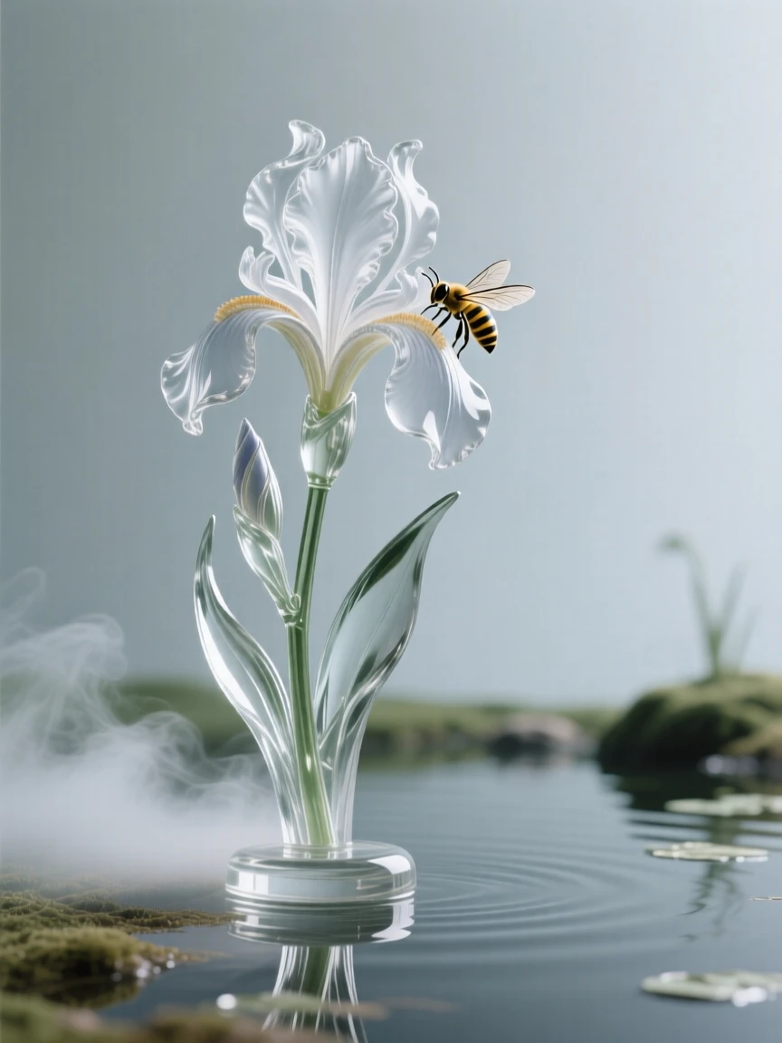 With mist rising gently from the surrounding ground, a single iris standing tall beside a quiet pond, while a bee lands softly on the nearest bloom