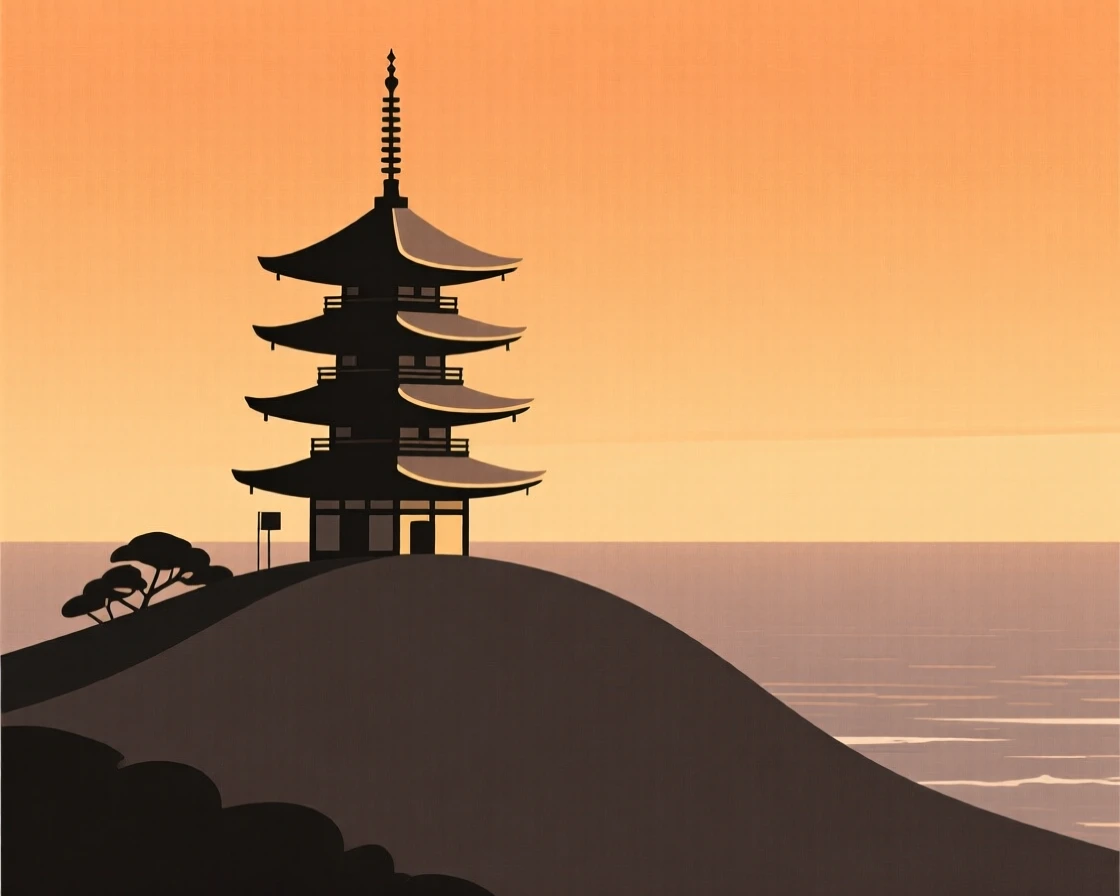 A Japanese pagoda, striking and prominent, stands in a hilltop overlooking the sea, surrounded by warm evening light, expressing quiet elegance.