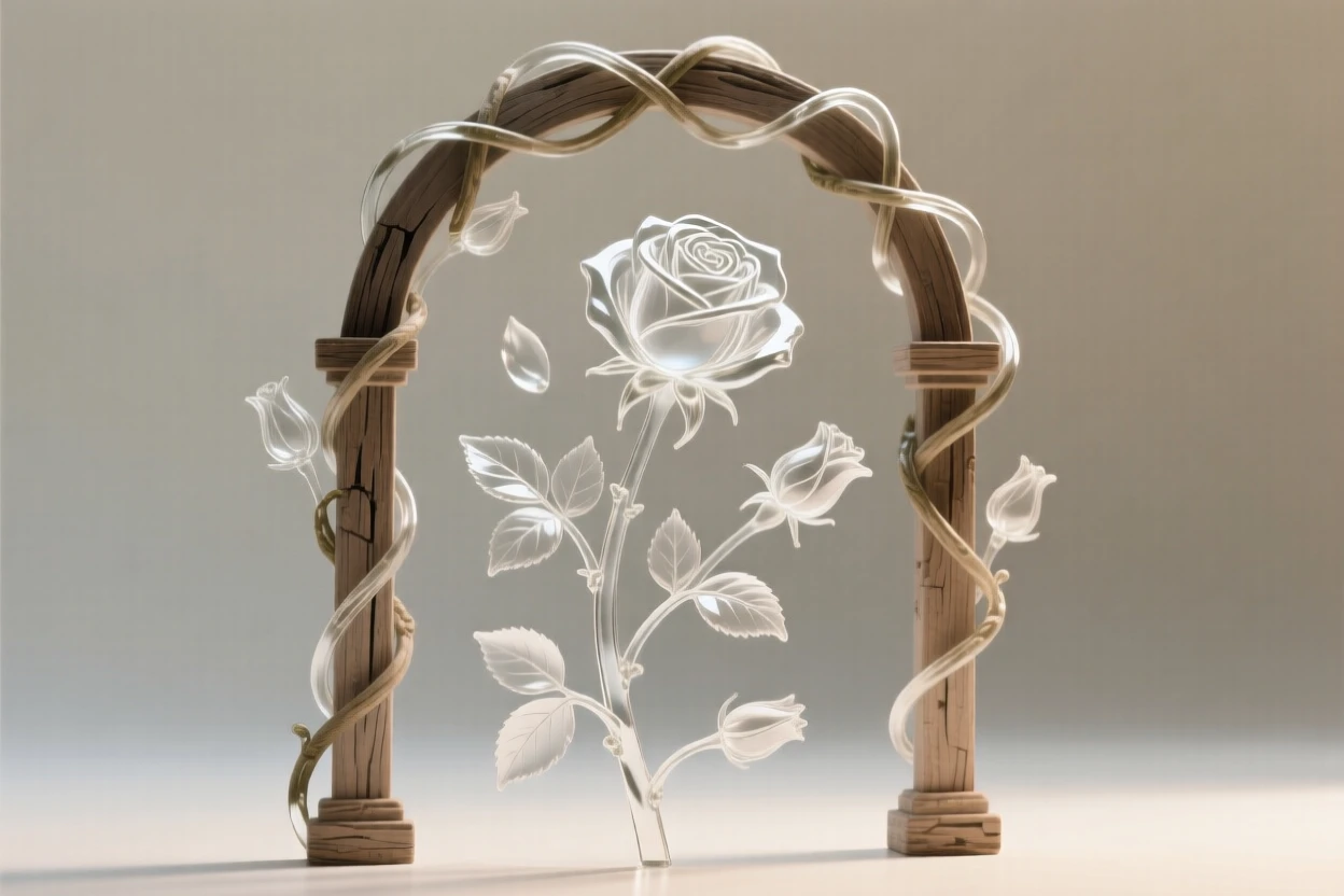 As a gentle breeze carries loose petals through the air, a rose vine climbing over an old garden archway