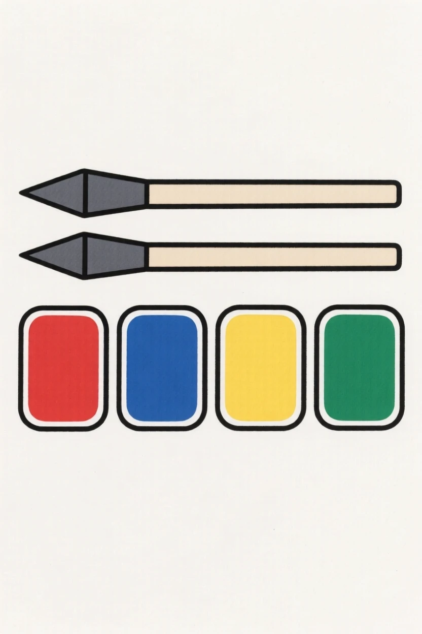 A set of watercolor paints and brushes