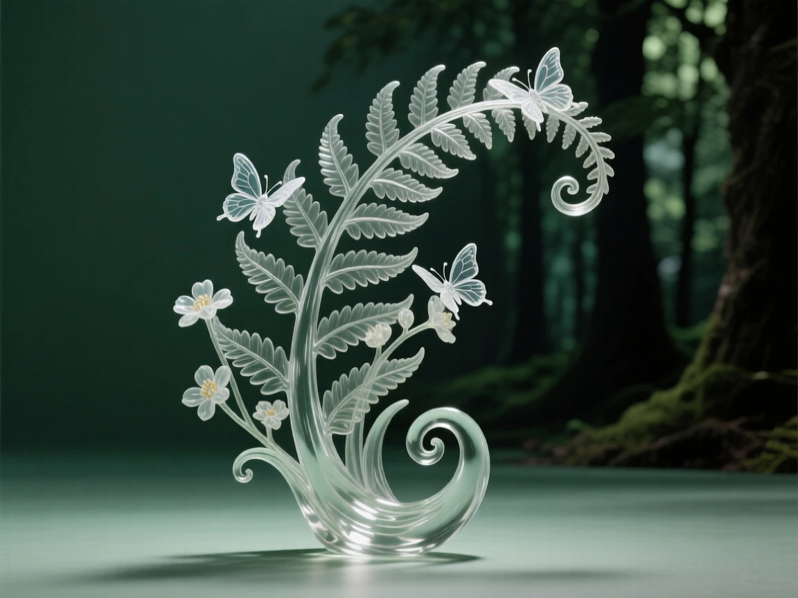 A fern unfurling its fronds in a shaded forest grove with butterflies resting lightly among the blossoms