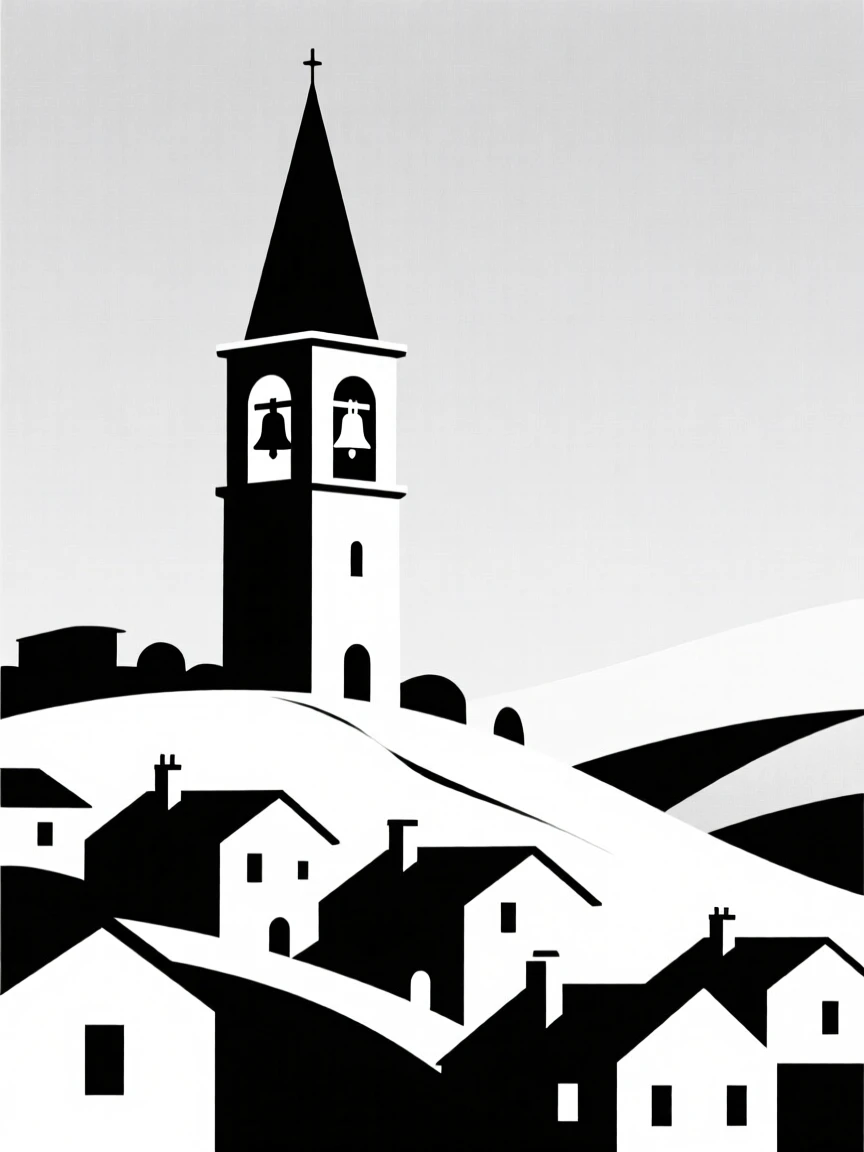 A bell tower rising above a hillside town.