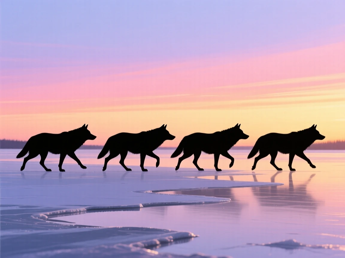 A pack of wolves crossing a frozen lake in single file at dawn.