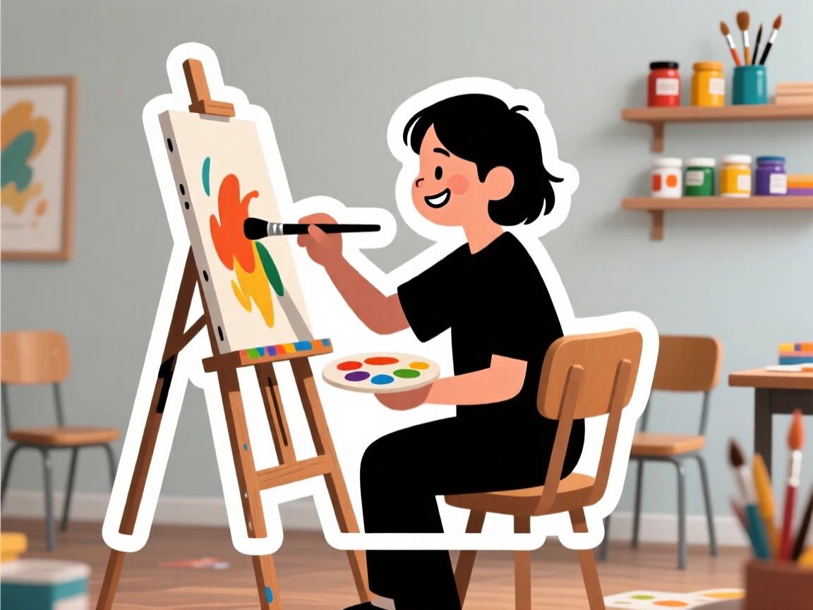 A focused and joyful young artist painting on an easel, with a look of quiet satisfaction, in a small community class setting.