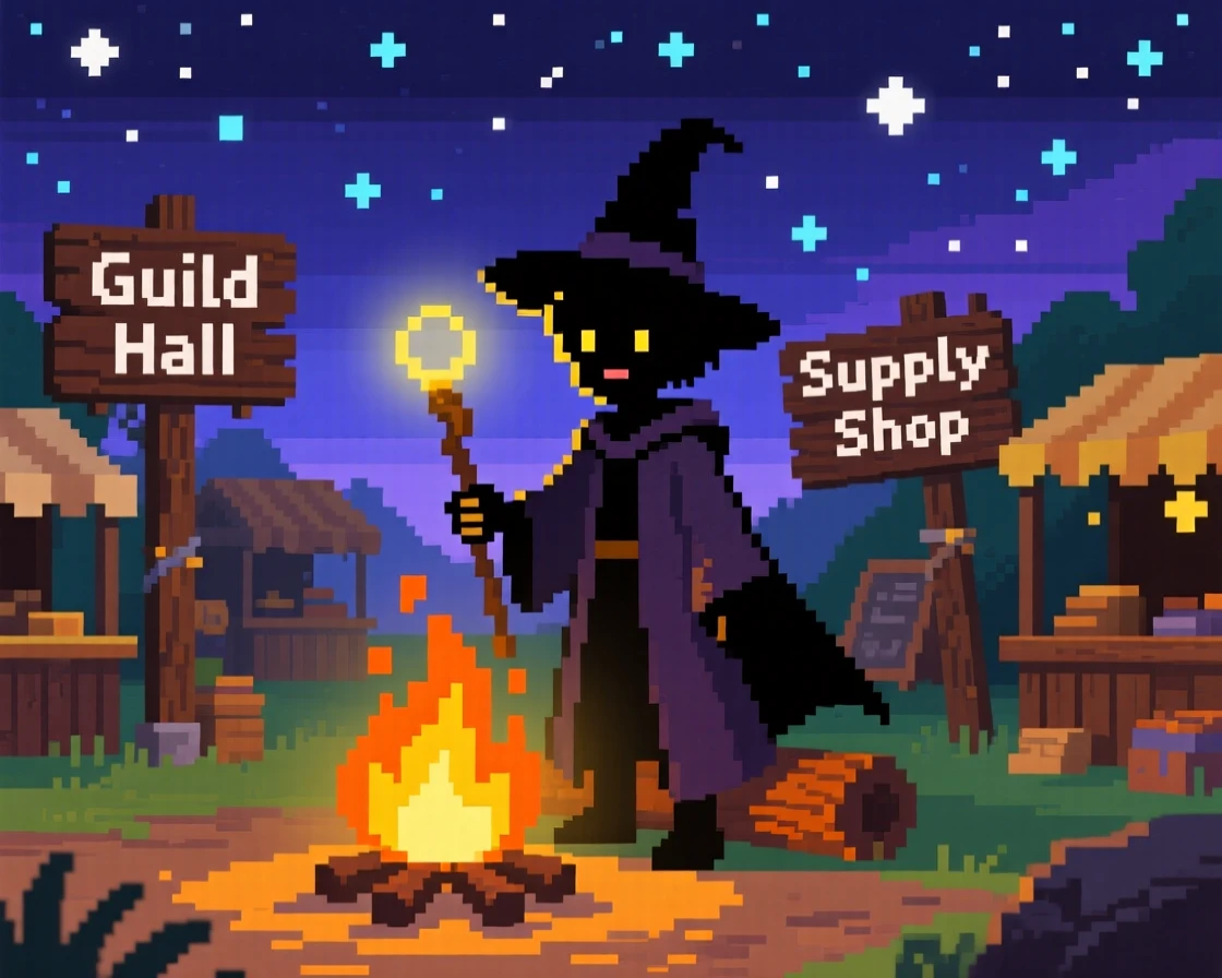 A young mage leveling up beside a campfire under starlight, in a bustling adventurer's guild town.