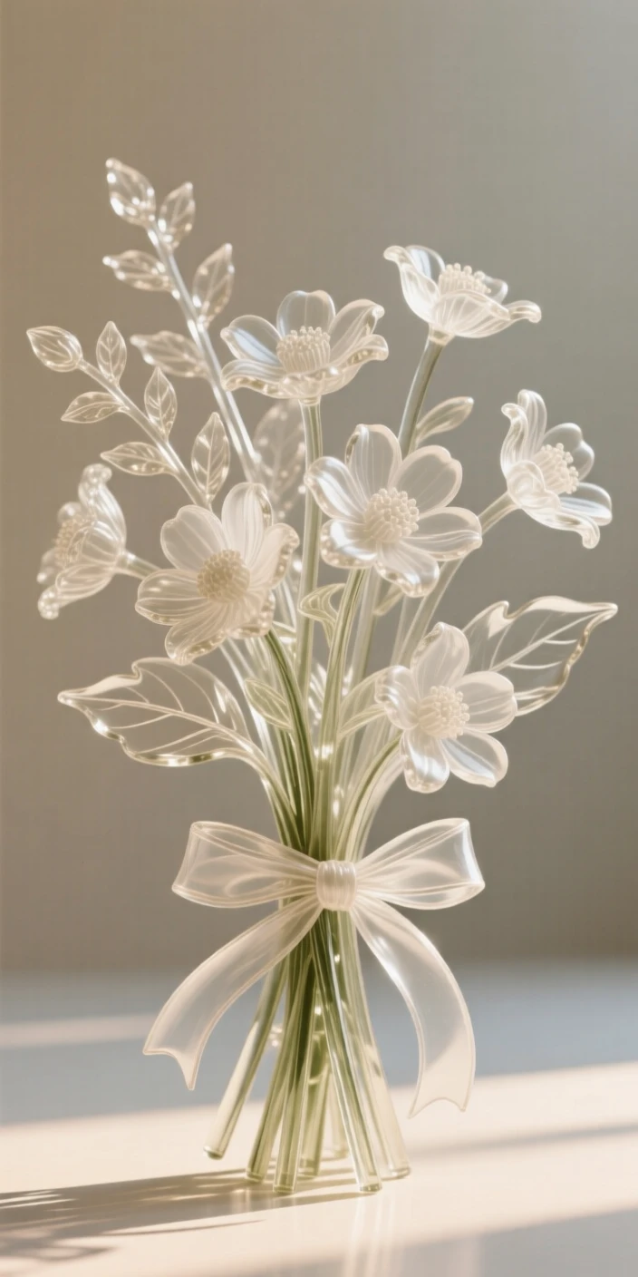 A bouquet of wildflowers tied loosely with a length of ribbon, as morning light filters through the surrounding leaves