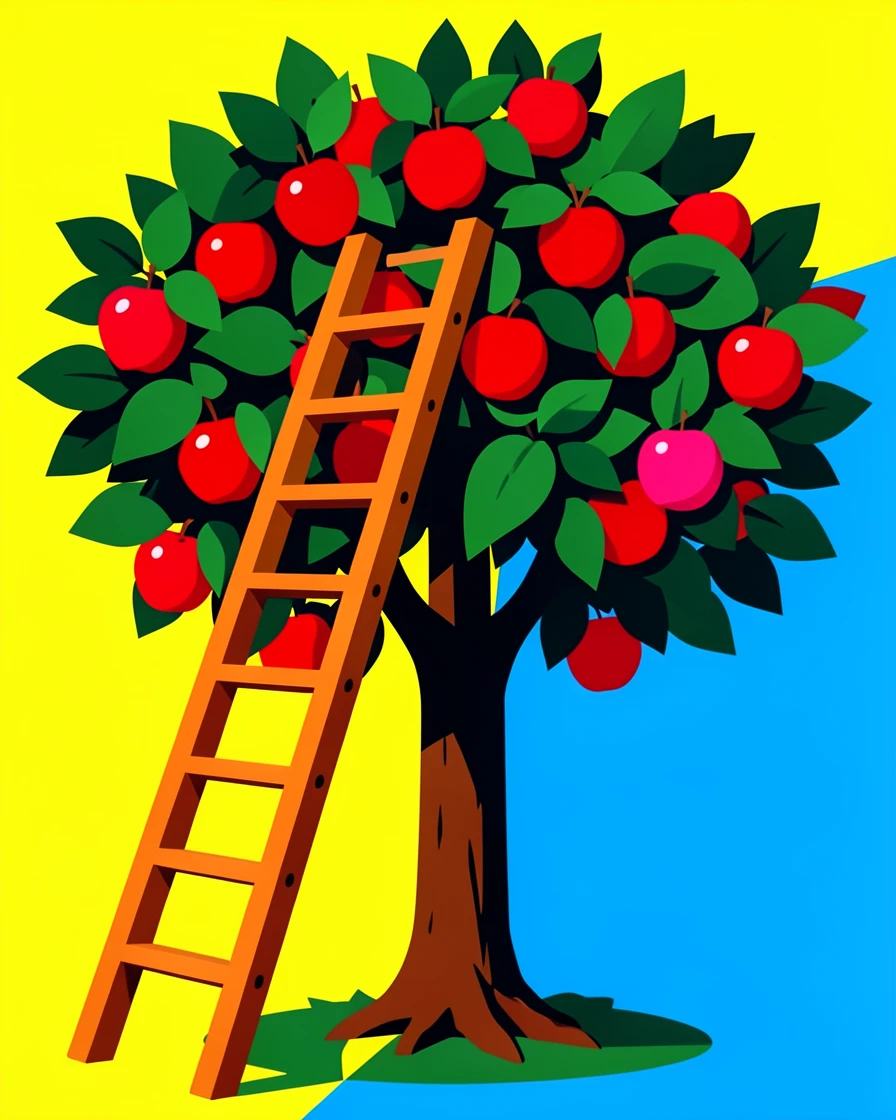 Classic wooden ladder against an apple tree