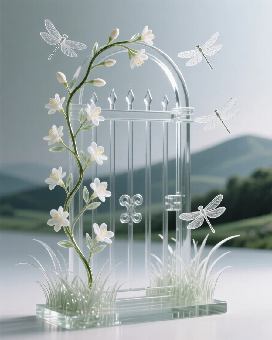 A jasmine vine wrapped delicately around a garden gate with distant hills rolling into the horizon, while dragonflies hover just above the surrounding grass