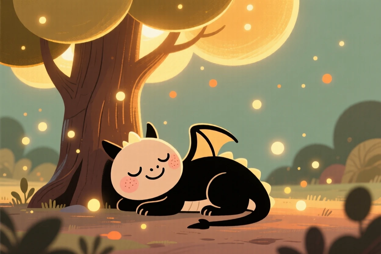 A small dragon rests beneath a glowing tree in an hidden magical glade, surrounded by drifting motes of light that drifts gently through the air.