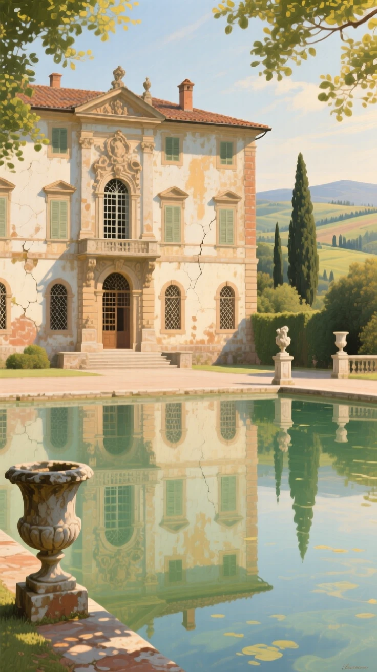A wide establishing shot of a grand old palace reflected in a still ornamental pool, in bright warm sunshine, in rural Tuscany.