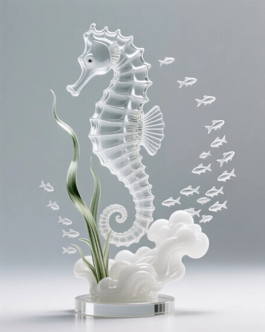 A seahorse curling its tail around a strand of sea grass while a cloud of tiny fish scatters and reforms nearby