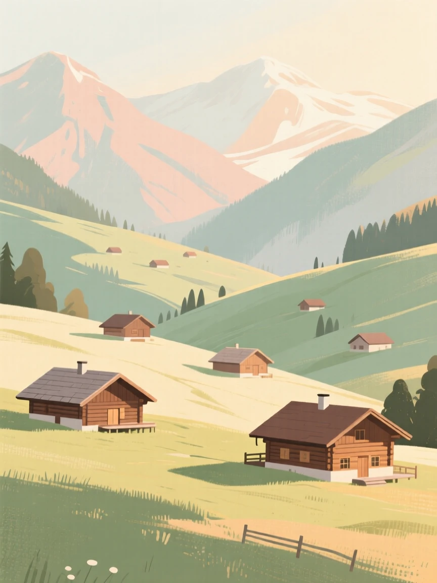 A quiet alpine valley with wooden chalets scattered among pastures