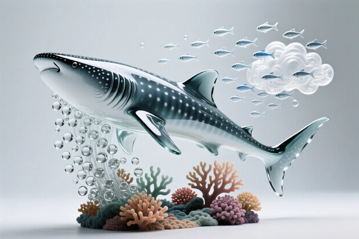 A whale shark passing calmly over a coral reef with a curtain of bubbles rising around them, while a cloud of tiny fish scatters and reforms nearby
