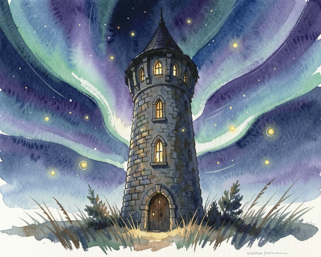 A wizard's tower surrounded by swirling northern lights with glowing fireflies drifting through the air.