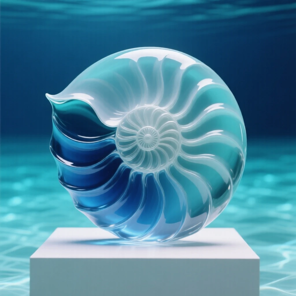 A nautilus drifting slowly through the deep blue current, beneath the surface of a calm turquoise lagoon