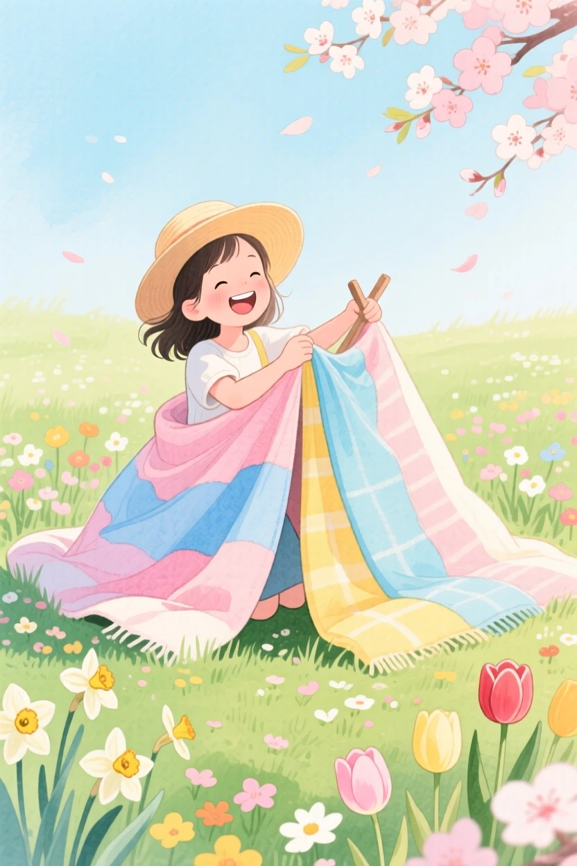 A girl in a sun hat builds a small fort out of blankets in a blooming spring garden, laughter and joy filling the warm afternoon air