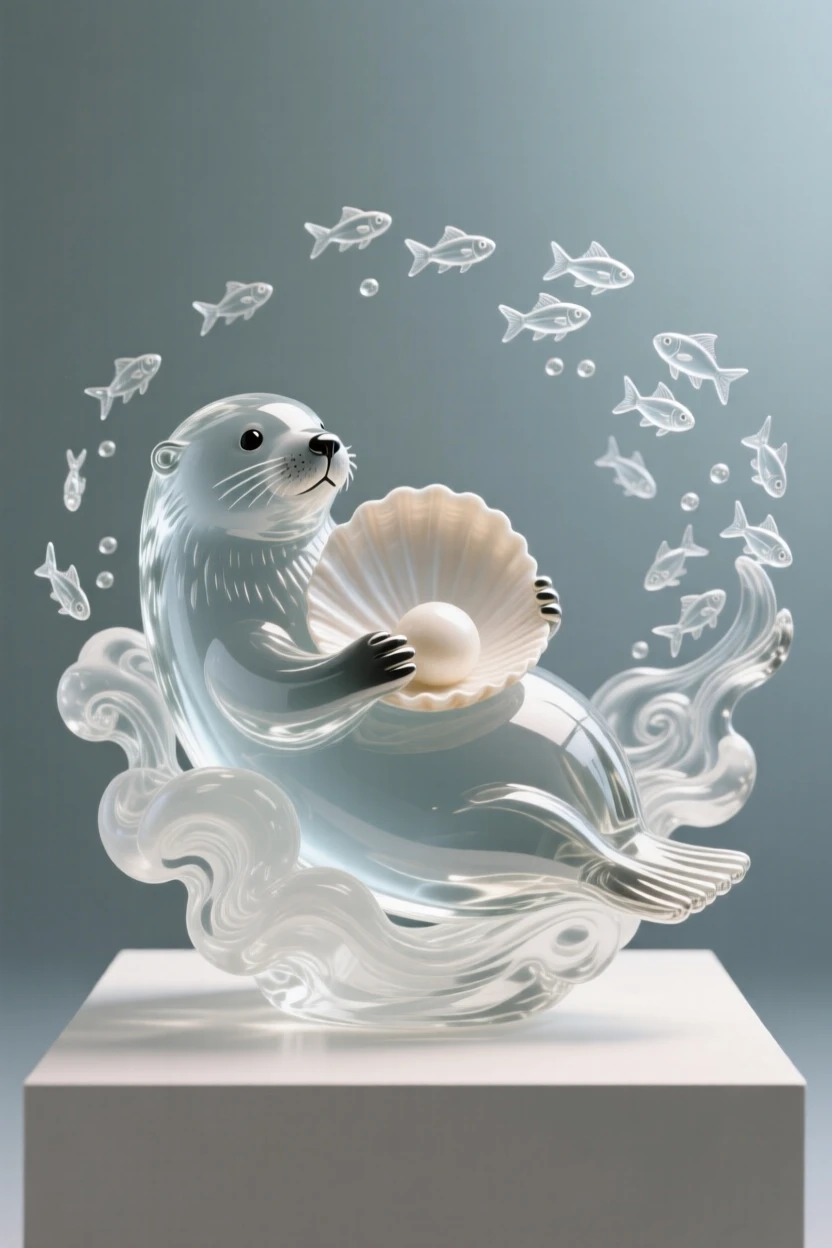 A sea otter floating on its back cradling a shell while a cloud of tiny fish scatters and reforms nearby