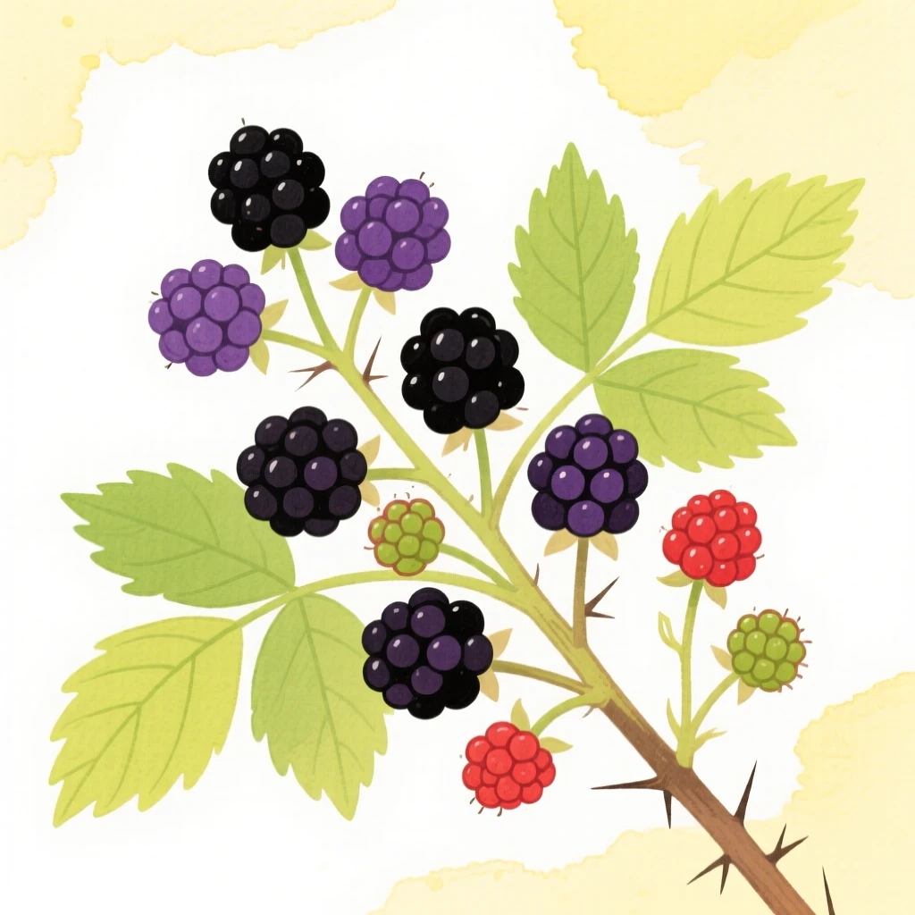 A gentle still-life scene featuring a cluster of wild blackberries on a bramble.