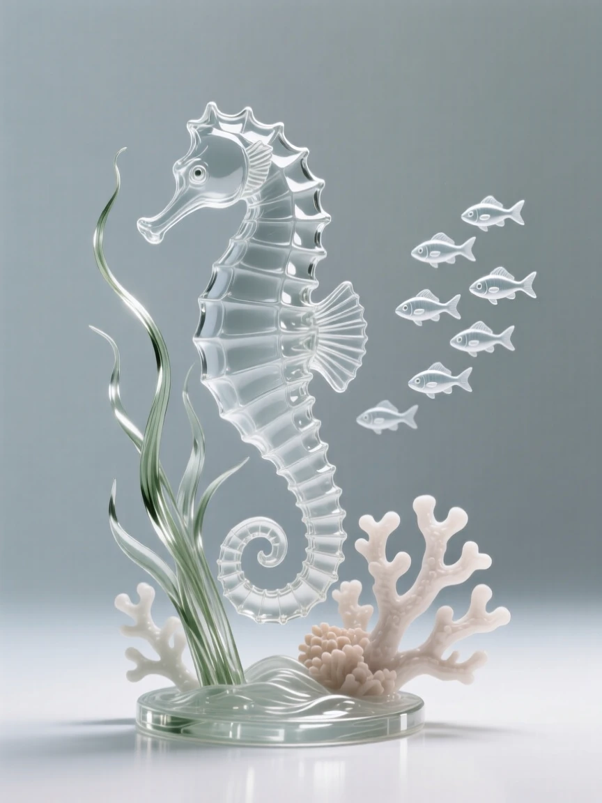 A seahorse curling its tail around a strand of sea grass with a school of smaller fish trailing close behind, while the current gently sways the surrounding coral