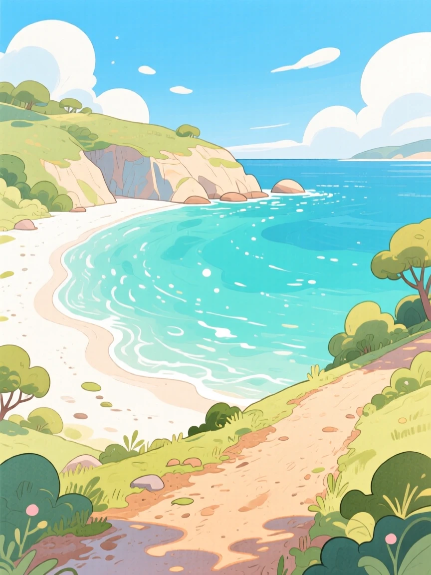A secluded cove with turquoise water and white sand, with a winding dirt path disappearing into the distance, evoking peaceful serenity and awe.