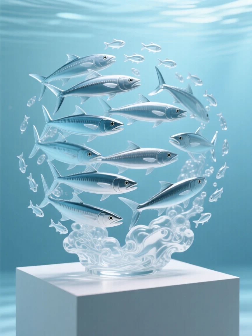 A school of barracuda circling in tight formation while a cloud of tiny fish scatters and reforms nearby