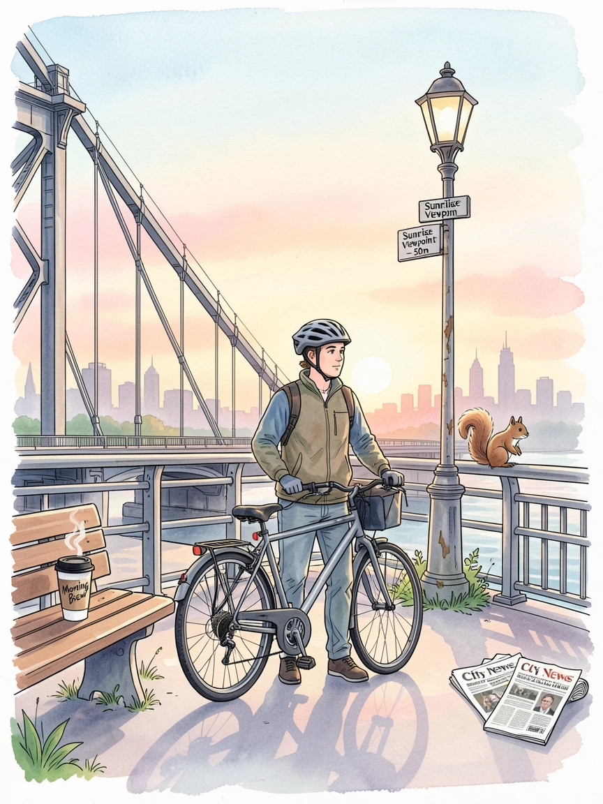 A commuter cyclist pausing to watch the sunrise over a city bridge, the scene full of small, comforting details.